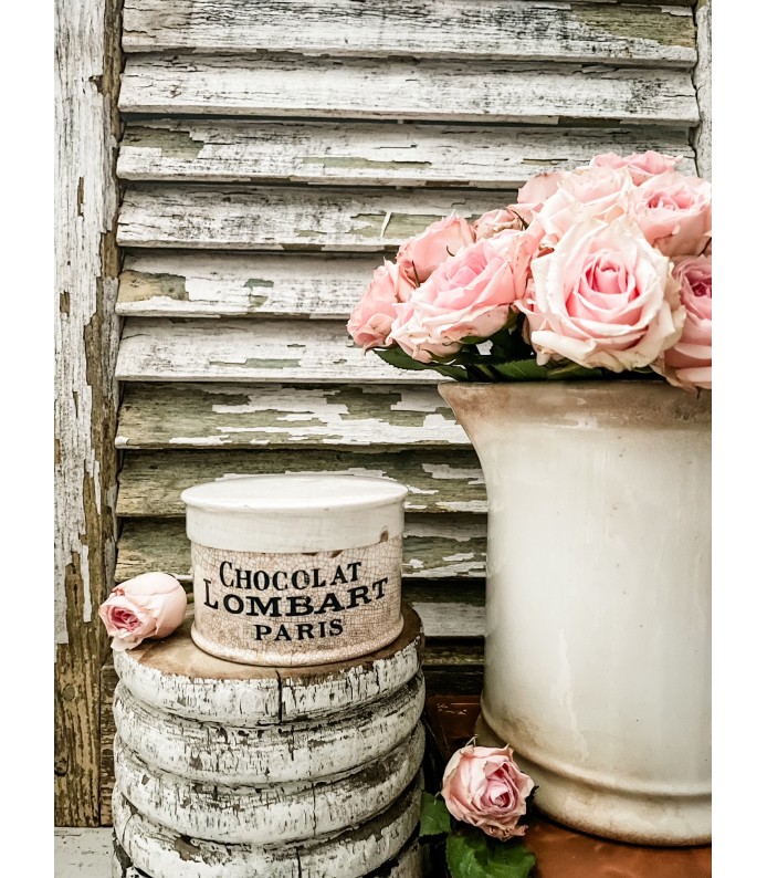 Antique Ironstone Lidded Pot w/ Chocolat Lombart Paris transfer - Amazing Staining/Crazing- LTD Seasonal